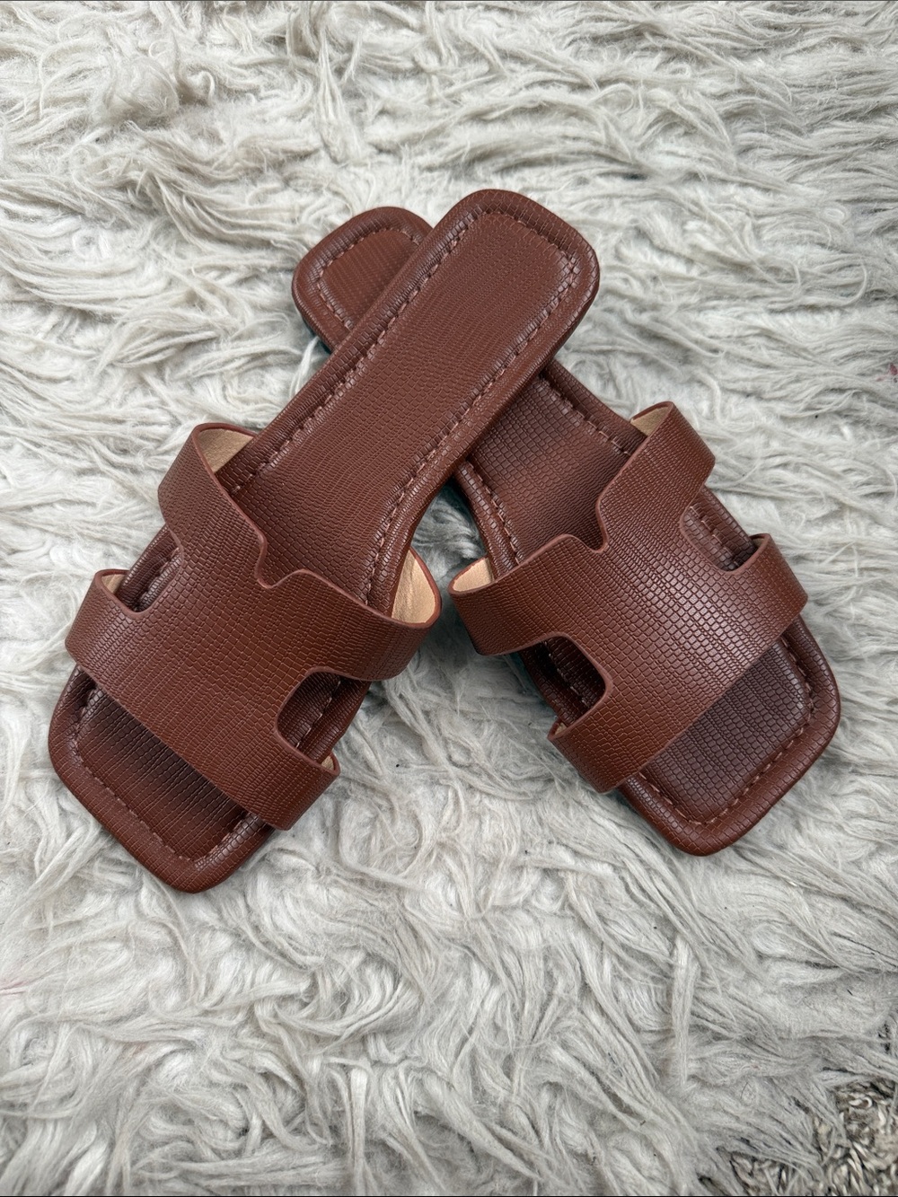 Brown Textured Slide Sandals